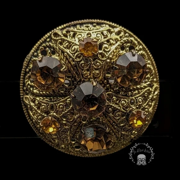 VINTAGE CZECH Domed Brooch with Filigree Metal and Glass Amber Toned Stones - Picture 2 of 5